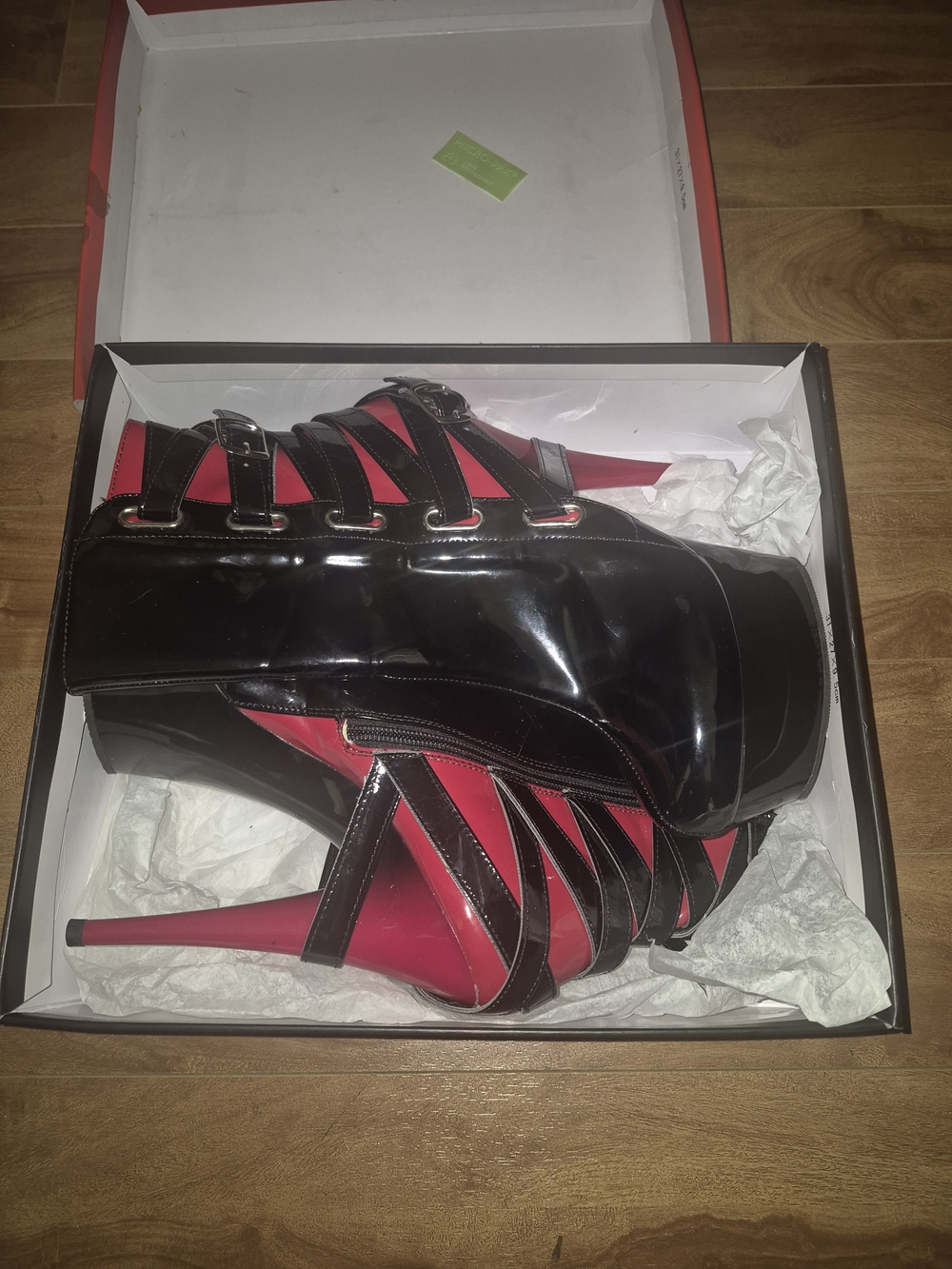 Pleaser Black Patent Strappy Platform Heels with Red Accents